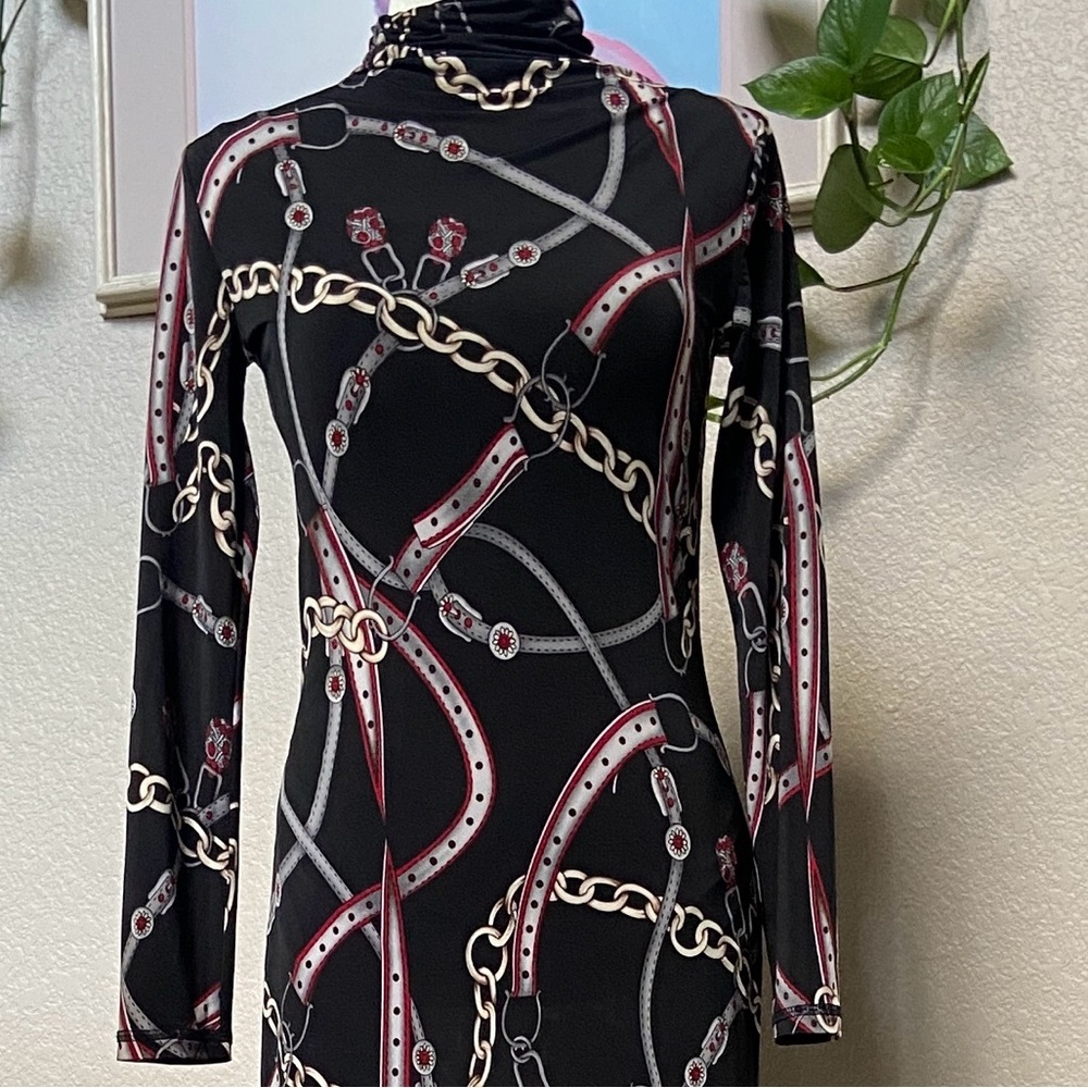 Elegant Black Chain & Belt Print Dress, Stefanelli brand.